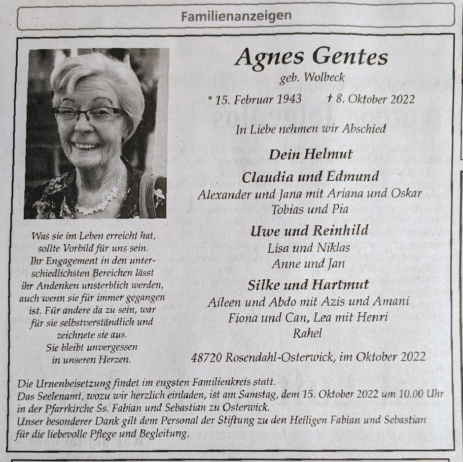  Seelenamt für unser Ehrenmitglied Agnes Gentes 