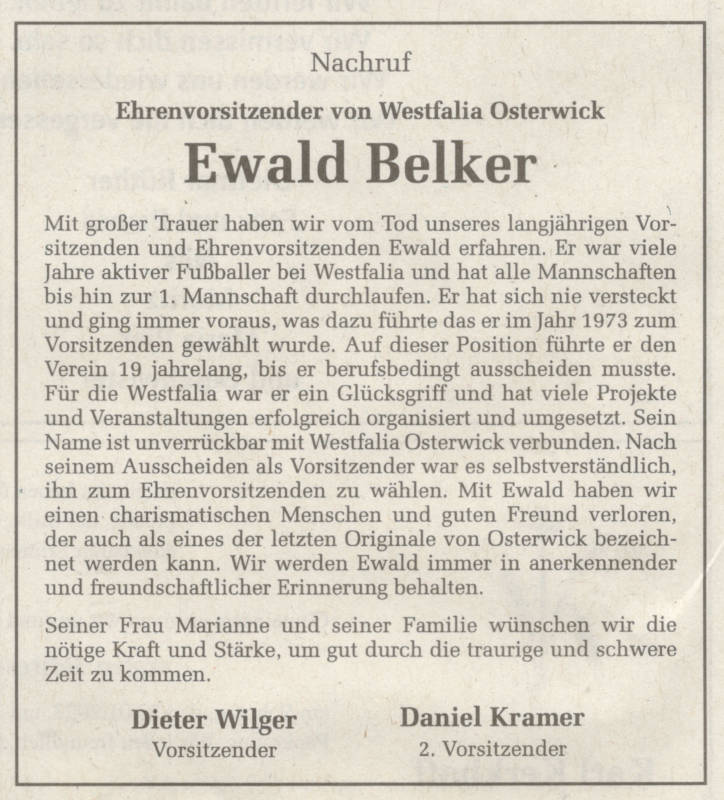 Nachruf auf unseren Ehrenvorsitzenden Ewald Belker