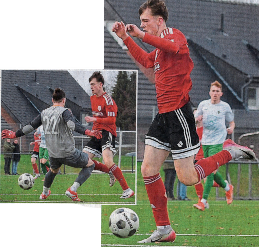 Aktion Jugend forscht: Henry Klein, der jüngste und auch längste Spieler auf dem Feld, sorgte für einen Turbo-Start in die wichtige Partie. Mit der 1:0-Führung entfachte für Jubel beim Schlusslicht Westfalia Osterwick. Fotos: Ulrich Hörnemann